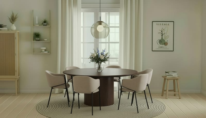 Kopparbo Runt Matbord 180 cm med 6 Filip Matstolar - Valnöt / Taupe Bouclé - Möbler - Matplats - Matgrupp & matbord med stolar