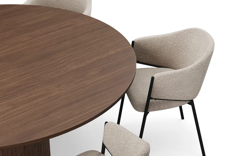 Kopparbo Runt Matbord 180 cm med 6 Filip Matstolar - Valnöt / Taupe Bouclé - Möbler - Matplats - Matgrupp & matbord med stolar
