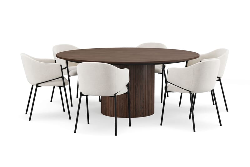 Kopparbo Runt Matbord 180 cm med 6 Filip Matstolar, Valnöt / Vit Bouclé