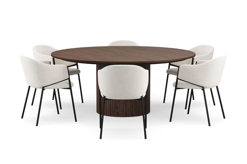 Kopparbo Runt Matbord 180 cm med 6 Filip Matstolar - Valnöt / Vit Bouclé - Möbler - Matplats - Matgrupp & matbord med stolar