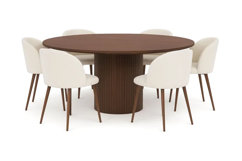 Kopparbo Runt Matbord 180 cm med 6 Greya Matstolar med armstöd, Valnöt / Vit Bouclé / Metallben Valnöt