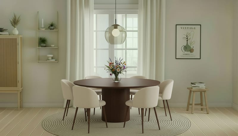 Kopparbo Runt Matbord 180 cm med 6 Greya Matstolar med armstöd - Valnöt / Vit Bouclé / Metallben Valnöt - Möbler - Matplats - Matgrupp & matbord med stolar