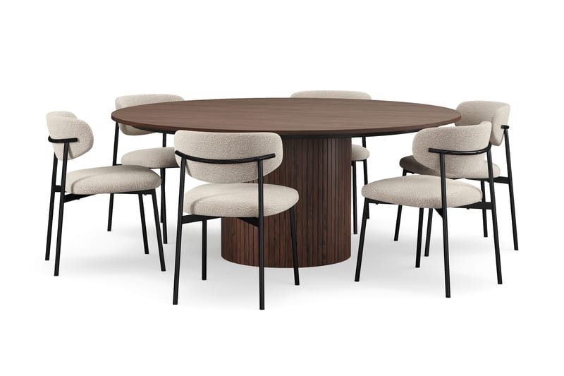 Kopparbo Runt Matbord 180 cm med 6 Lucy Matstolar - Valnöt / Greige Bouclé / Metallben Svart - Möbler - Matplats - Matgrupp & matbord med stolar