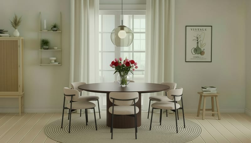 Kopparbo Runt Matbord 180 cm med 6 Lucy Matstolar - Valnöt / Greige Bouclé / Metallben Svart - Möbler - Matplats - Matgrupp & matbord med stolar