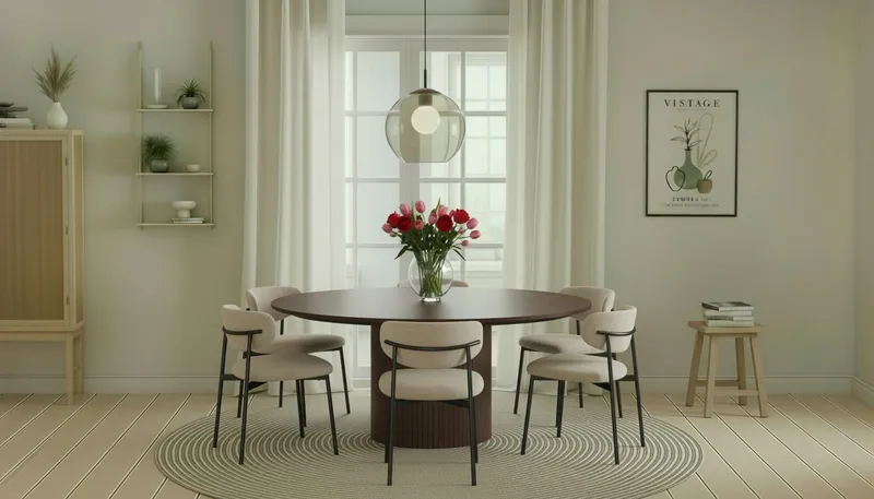 Kopparbo Runt Matbord 180 cm med 6 Lucy Matstolar - Valnöt / Greige Bouclé / Metallben Svart - Möbler - Matplats - Matgrupp & matbord med stolar