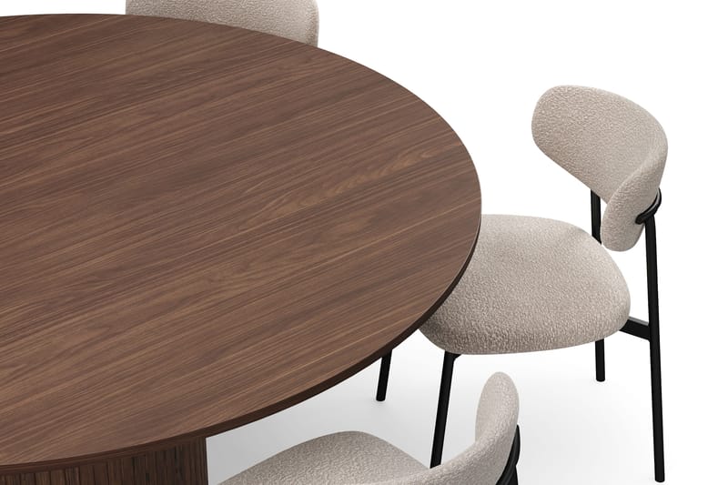 Kopparbo Runt Matbord 180 cm med 6 Lucy Matstolar - Valnöt / Greige Bouclé / Metallben Svart - Möbler - Matplats - Matgrupp & matbord med stolar