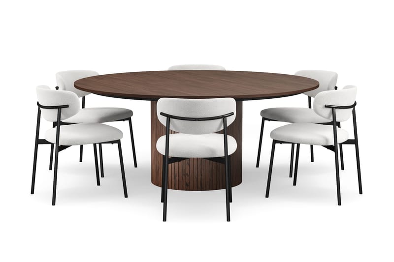 Kopparbo Runt Matbord 180 cm med 6 Lucy Matstolar, Valnöt / Vit Bouclé / Metallben Svart