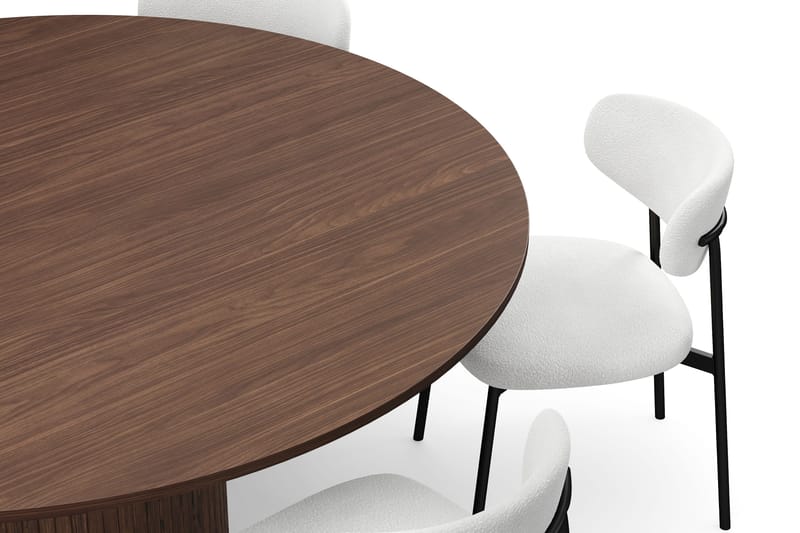 Kopparbo Runt Matbord 180 cm med 6 Lucy Matstolar - Valnöt / Vit Bouclé / Metallben Svart - Möbler - Matplats - Matgrupp & matbord med stolar