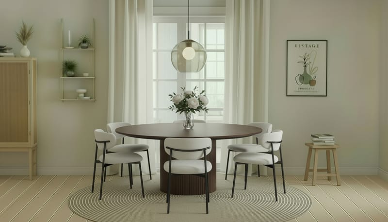 Kopparbo Runt Matbord 180 cm med 6 Lucy Matstolar - Valnöt / Vit Bouclé / Metallben Svart - Möbler - Matplats - Matgrupp & matbord med stolar