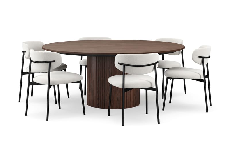 Kopparbo Runt Matbord 180 cm med 6 Lucy Matstolar - Valnöt / Vit Bouclé / Metallben Svart - Möbler - Matplats - Matgrupp & matbord med stolar