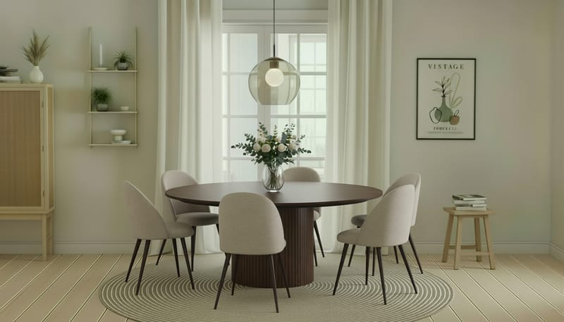 Kopparbo Runt Matbord 180 cm med 6 Nibe Plus Matstolar - Valnöt / Greige Bouclé / Metallben Valnöt - Möbler - Matplats - Matgrupp & matbord med stolar