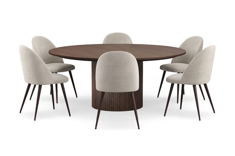 Kopparbo Runt Matbord 180 cm med 6 Nibe Plus Matstolar - Valnöt / Greige Bouclé / Metallben Valnöt - Möbler - Matplats - Matgrupp & matbord med stolar