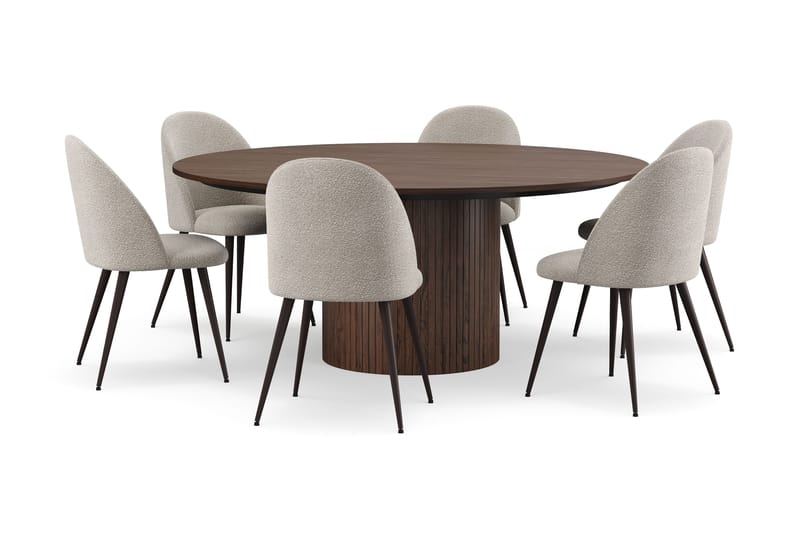 Kopparbo Runt Matbord 180 cm med 6 Nibe Plus Matstolar, Valnöt / Greige Bouclé / Metallben Valnöt