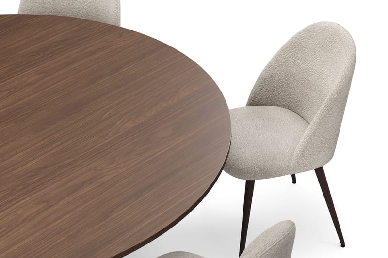 Kopparbo Runt Matbord 180 cm med 6 Nibe Plus Matstolar - Valnöt / Greige Bouclé / Metallben Valnöt - Möbler - Matplats - Matgrupp & matbord med stolar