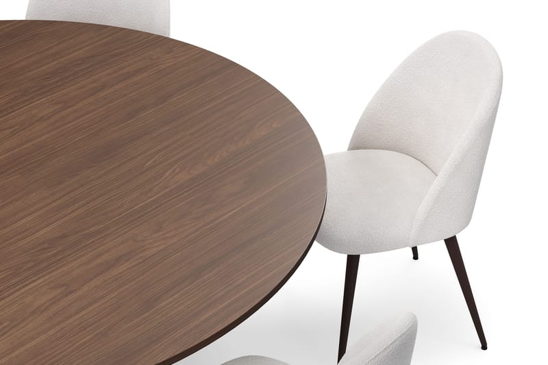 Kopparbo Runt Matbord 180 cm med 6 Nibe Plus Matstolar - Valnöt / Vit Bouclé / Metallben Valnöt - Möbler - Matplats - Matgrupp & matbord med stolar