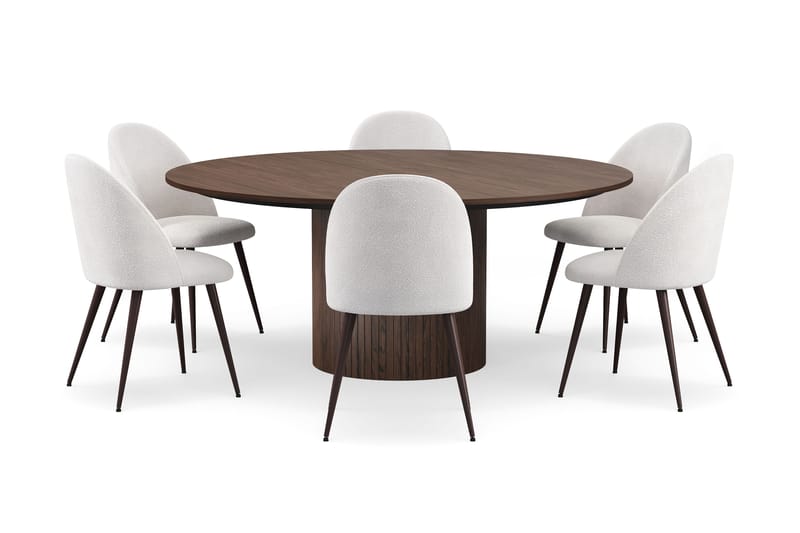 Kopparbo Runt Matbord 180 cm med 6 Nibe Plus Matstolar - Valnöt / Vit Bouclé / Metallben Valnöt - Möbler - Matplats - Matgrupp & matbord med stolar