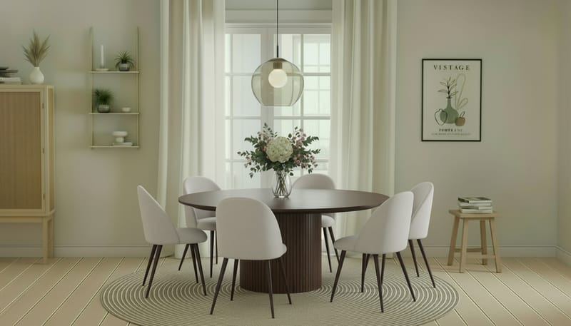 Kopparbo Runt Matbord 180 cm med 6 Nibe Plus Matstolar - Valnöt / Vit Bouclé / Metallben Valnöt - Möbler - Matplats - Matgrupp & matbord med stolar