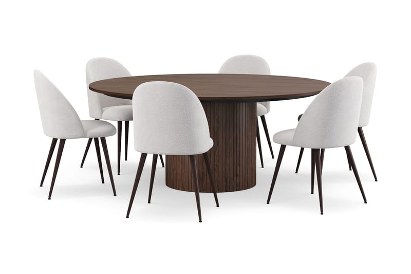 Kopparbo Runt Matbord 180 cm med 6 Nibe Plus Matstolar, Valnöt / Vit Bouclé / Metallben Valnöt