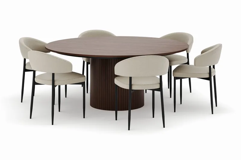 Kopparbo Runt Matbord 180 cm med 6 Sawako Stolar - Valnöt - Möbler - Matplats - Matgrupp & matbord med stolar