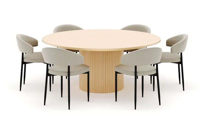 Kopparbo Runt Matbord 180 cm med 6 Sawako Stolar - Whitewash - Möbler - Matplats - Matgrupp & matbord med stolar