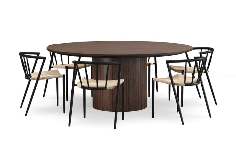 Kopparbo Runt Matbord 180 cm med 6 Winston Matstolar, Valnöt / Beige / Metallben Svart