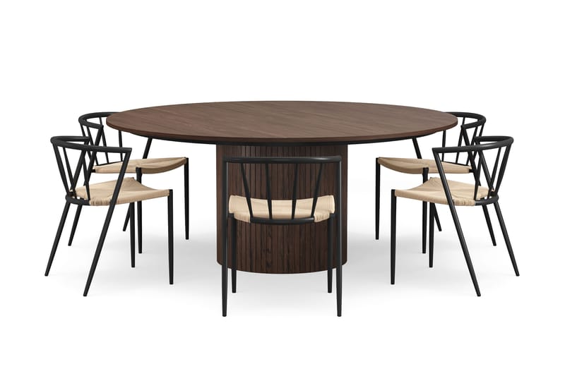 Kopparbo Runt Matbord 180 cm med 6 Winston Matstolar - Valnöt / Beige / Metallben Svart - Möbler - Matplats - Matgrupp & matbord med stolar