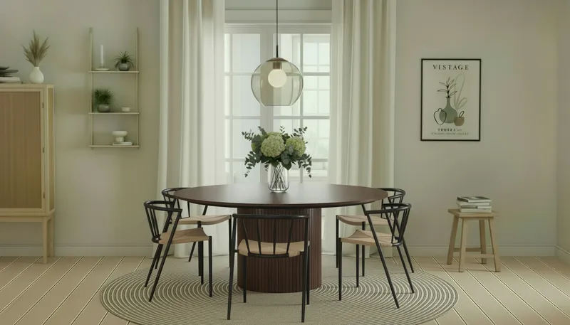 Kopparbo Runt Matbord 180 cm med 6 Winston Matstolar - Valnöt / Beige / Metallben Svart - Möbler - Matplats - Matgrupp & matbord med stolar