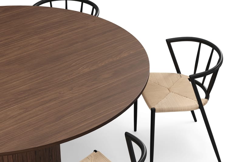 Kopparbo Runt Matbord 180 cm med 6 Winston Matstolar - Valnöt / Beige / Metallben Svart - Möbler - Matplats - Matgrupp & matbord med stolar