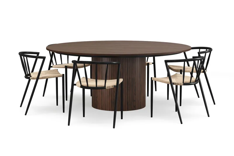 Kopparbo Runt Matbord 180 cm med 6 Winston Matstolar, Valnöt / Beige / Metallben Svart