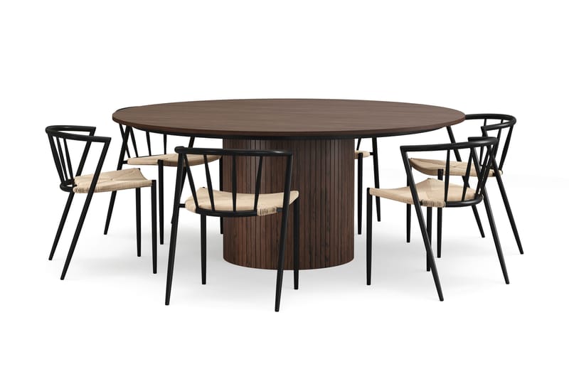 Kopparbo Runt Matbord 180 cm med 6 Winston Matstolar, Valnöt / Beige / Metallben Svart
