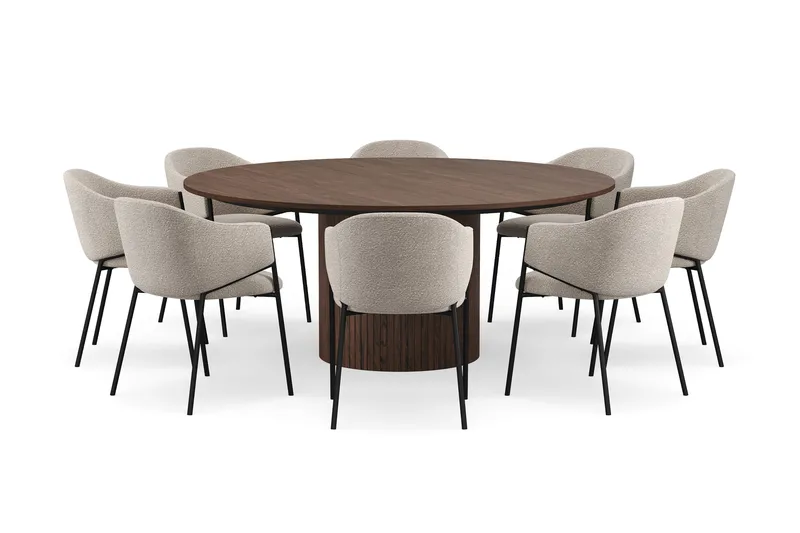 Kopparbo Runt Matbord 180 cm med 8 Filip Matstolar - Valnöt / Taupe Bouclé - Möbler - Matplats - Matgrupp & matbord med stolar