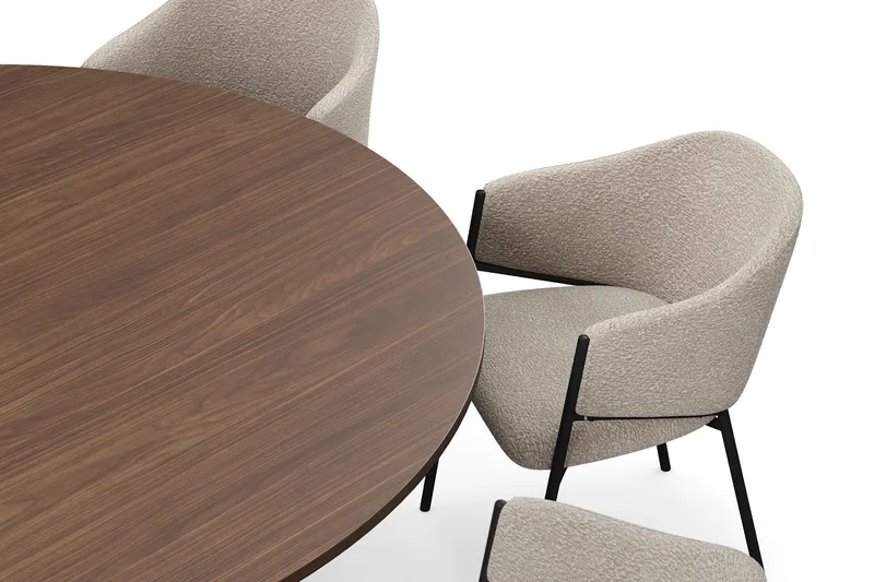 Kopparbo Runt Matbord 180 cm med 8 Filip Matstolar - Valnöt / Taupe Bouclé - Möbler - Matplats - Matgrupp & matbord med stolar