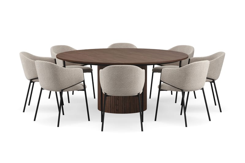 Kopparbo Runt Matbord 180 cm med 8 Filip Matstolar - Valnöt / Taupe Bouclé - Möbler - Matplats - Matgrupp & matbord med stolar