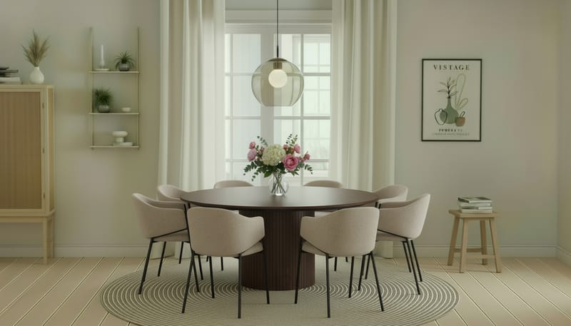 Kopparbo Runt Matbord 180 cm med 8 Filip Matstolar - Valnöt / Taupe Bouclé - Möbler - Matplats - Matgrupp & matbord med stolar