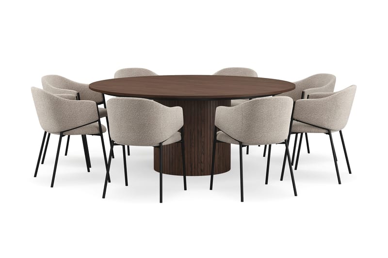 Kopparbo Runt Matbord 180 cm med 8 Filip Matstolar, Valnöt / Taupe Bouclé