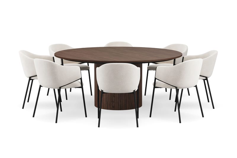 Kopparbo Runt Matbord 180 cm med 8 Filip Matstolar - Valnöt / Vit Bouclé - Möbler - Matplats - Matgrupp & matbord med stolar