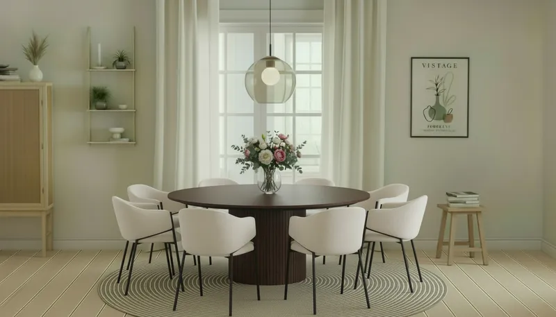 Kopparbo Runt Matbord 180 cm med 8 Filip Matstolar - Valnöt / Vit Bouclé - Möbler - Matplats - Matgrupp & matbord med stolar