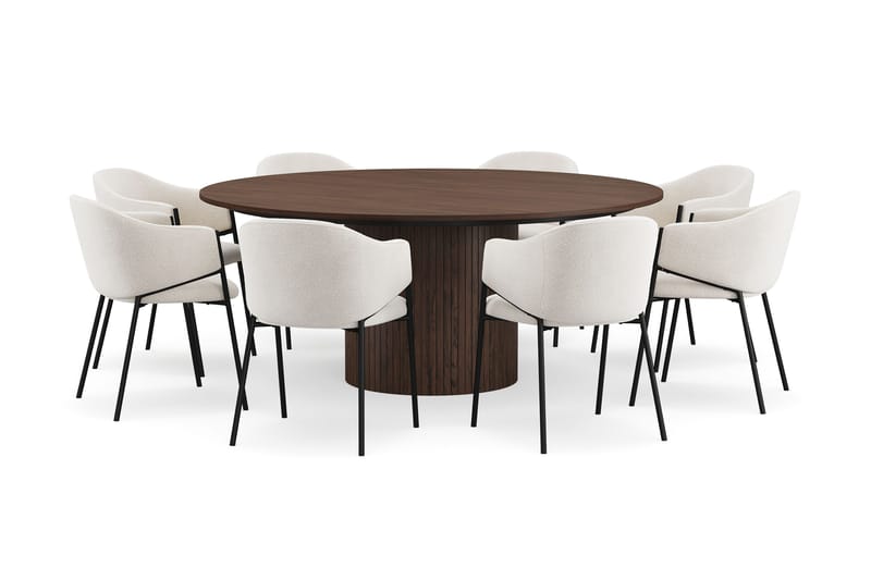 Kopparbo Runt Matbord 180 cm med 8 Filip Matstolar, Valnöt / Vit Bouclé