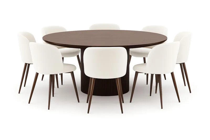 Kopparbo Runt Matbord 180 cm med 8 Greya Matstolar med armstöd, Valnöt / Vit Bouclé / Metallben Valnöt