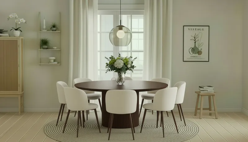 Kopparbo Runt Matbord 180 cm med 8 Greya Matstolar med armstöd - Valnöt / Vit Bouclé / Metallben Valnöt - Möbler - Matplats - Matgrupp & matbord med stolar