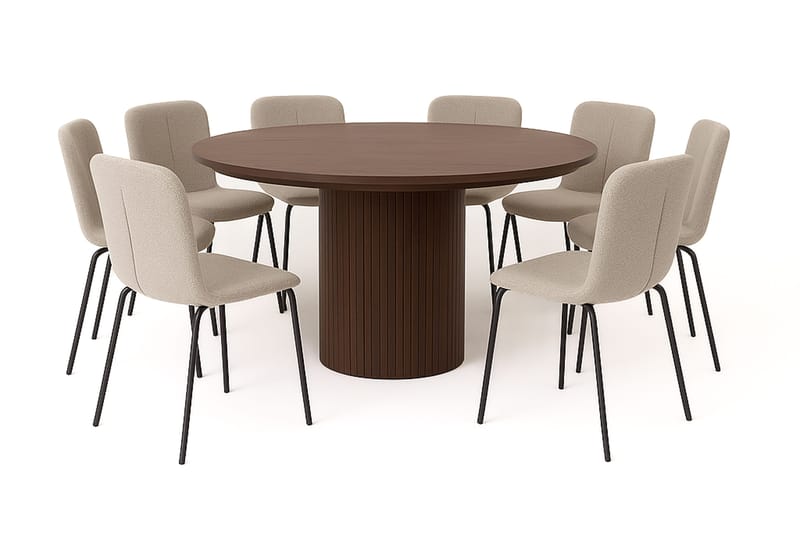 Kopparbo Runt Matbord 180 cm med 8 Katy Matstolar, Valnöt / Greige Bouclé / Metallben Svart