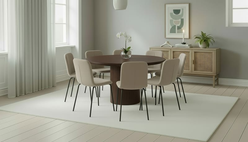 Kopparbo Runt Matbord 180 cm med 8 Katy Matstolar - Valnöt / Greige Bouclé / Metallben Svart - Möbler - Matplats - Matgrupp & matbord med stolar