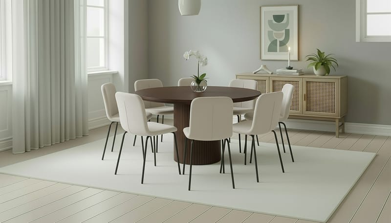 Kopparbo Runt Matbord 180 cm med 8 Katy Matstolar - Valnöt / Vit Bouclé / Metallben Svart - Möbler - Matplats - Matgrupp & matbord med stolar