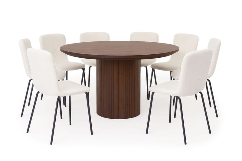 Kopparbo Runt Matbord 180 cm med 8 Katy Matstolar, Valnöt / Vit Bouclé / Metallben Svart