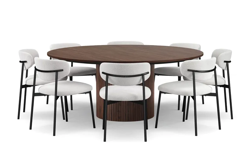 Kopparbo Runt Matbord 180 cm med 8 Lucy Matstolar, Valnöt / Greige Bouclé / Metallben Svart