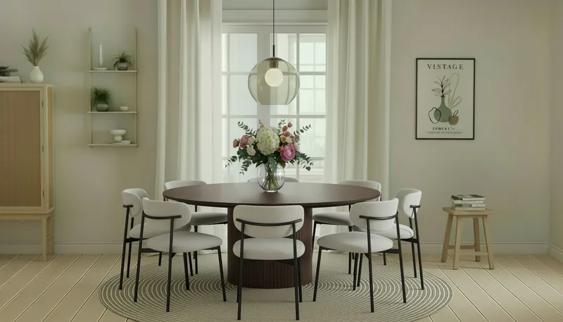 Kopparbo Runt Matbord 180 cm med 8 Lucy Matstolar - Valnöt / Greige Bouclé / Metallben Svart - Möbler - Matplats - Matgrupp & matbord med stolar