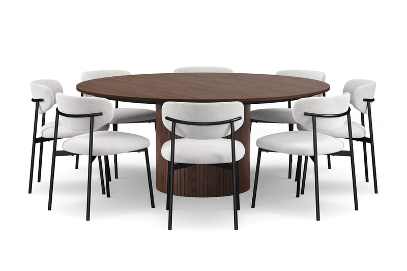 Kopparbo Runt Matbord 180 cm med 8 Lucy Matstolar, Valnöt / Greige Bouclé / Metallben Svart