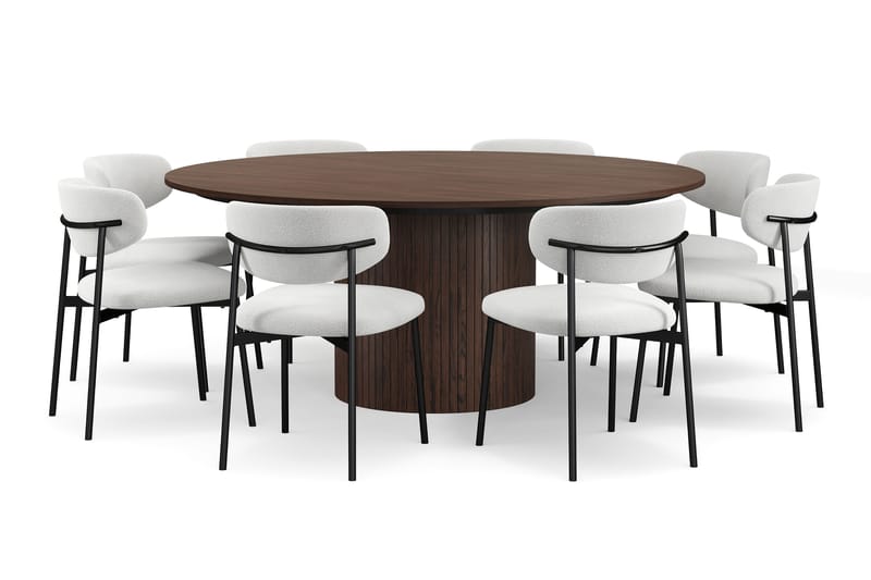 Kopparbo Runt Matbord 180 cm med 8 Lucy Matstolar - Valnöt / Greige Bouclé / Metallben Svart - Möbler - Matplats - Matgrupp & matbord med stolar