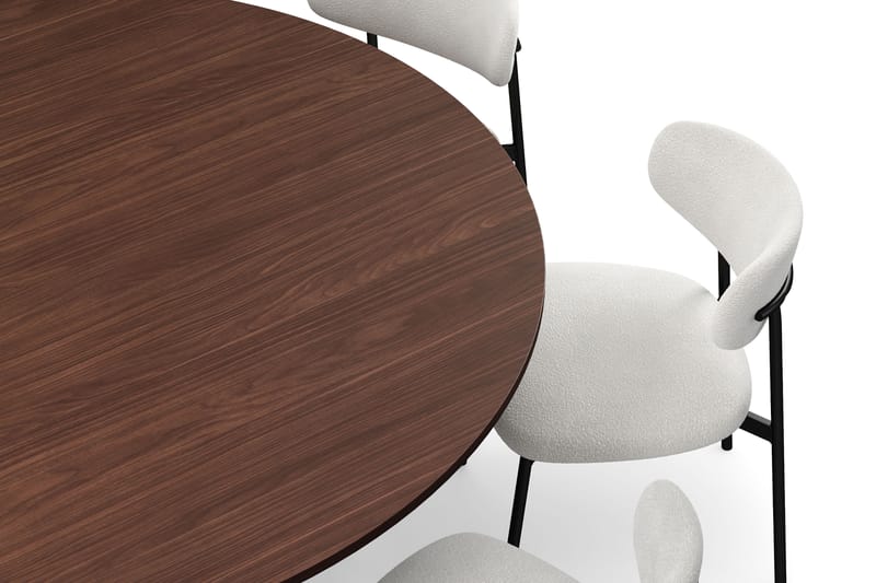 Kopparbo Runt Matbord 180 cm med 8 Lucy Matstolar - Valnöt / Greige Bouclé / Metallben Svart - Möbler - Matplats - Matgrupp & matbord med stolar