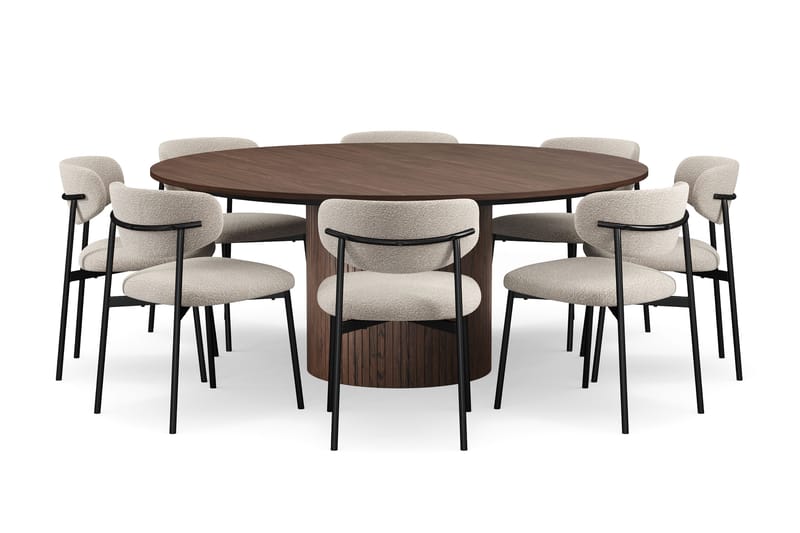Kopparbo Runt Matbord 180 cm med 8 Lucy Matstolar, Valnöt / Vit Bouclé / Metallben Svart